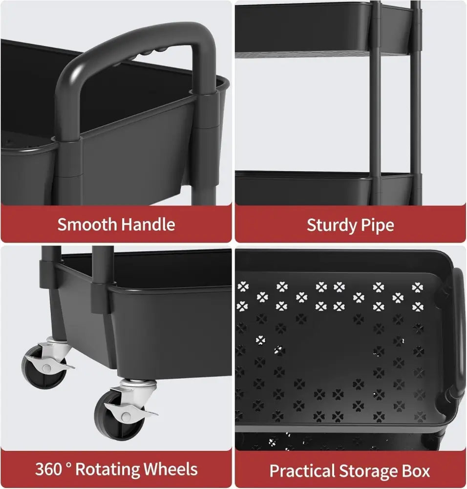 3Tier Rolling Cart Storage Trolley Kitchen Bathroom Laundry Organiser Rack Black - Under-Sink Organiser