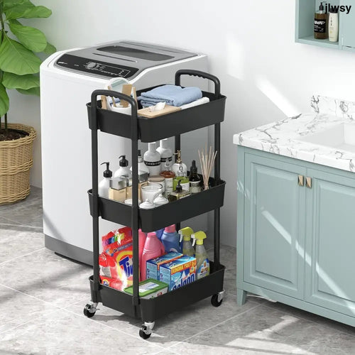 3Tier Rolling Cart Storage Trolley Kitchen Bathroom Laundry Organiser Rack Black - Under-Sink Organiser