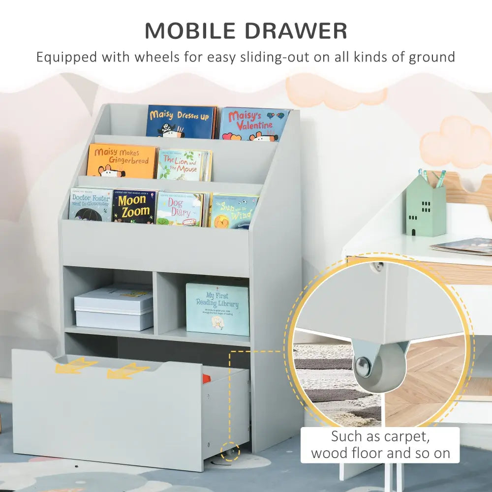 Kids Bookshelf Toy Organiser With Storage Drawer Wheels - Grey - Grey - Under-Sink Organiser