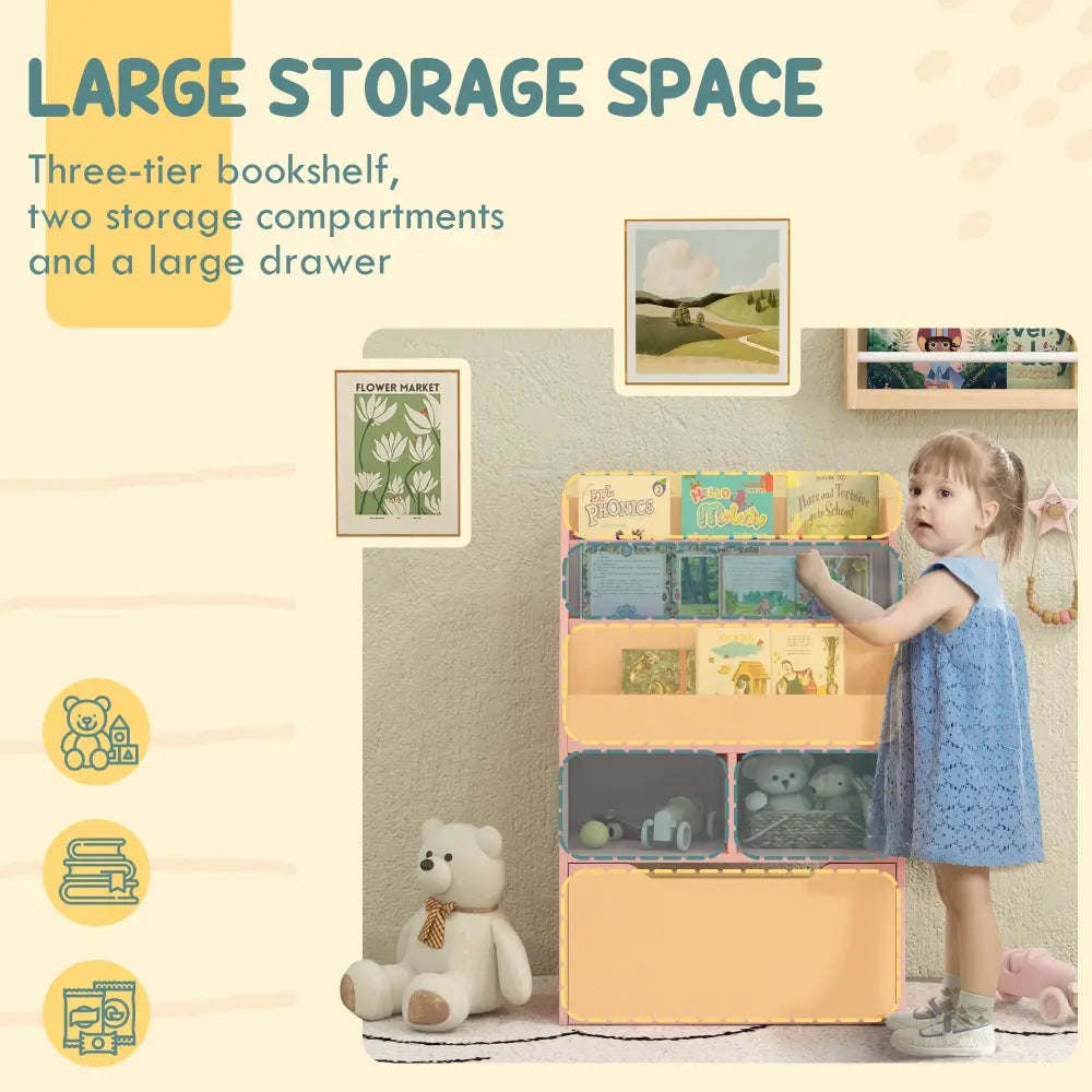 Kids Bookshelf Toy Organiser With Storage Drawer Wheels - Pink - Pink - Under-Sink Organiser